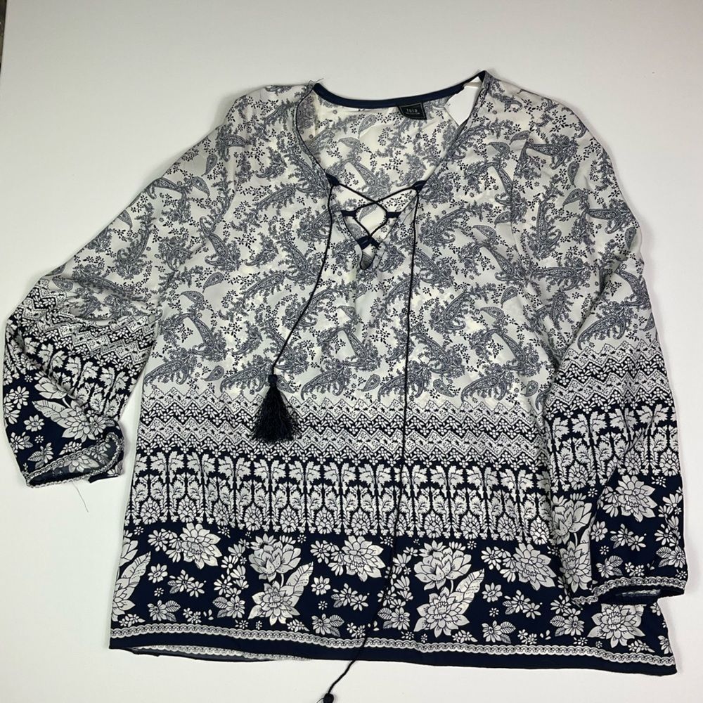 Navy and White Floral Women's Blouse